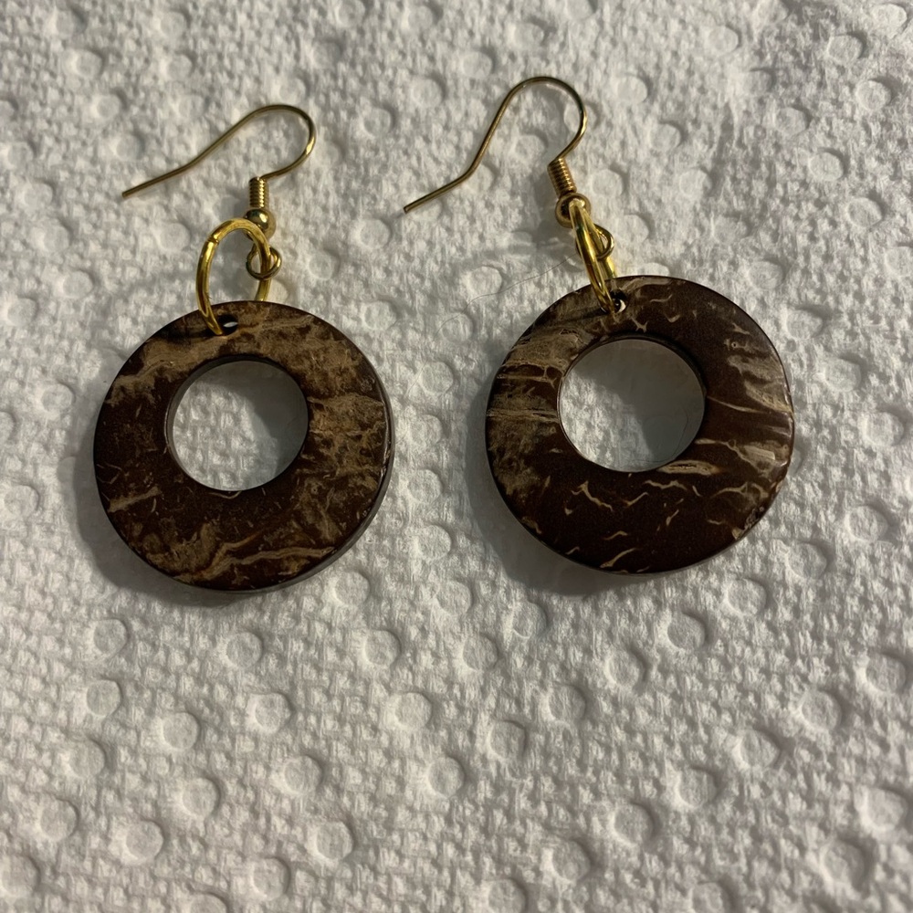 Brown and Gold Coconut Shell Hoop Earrings